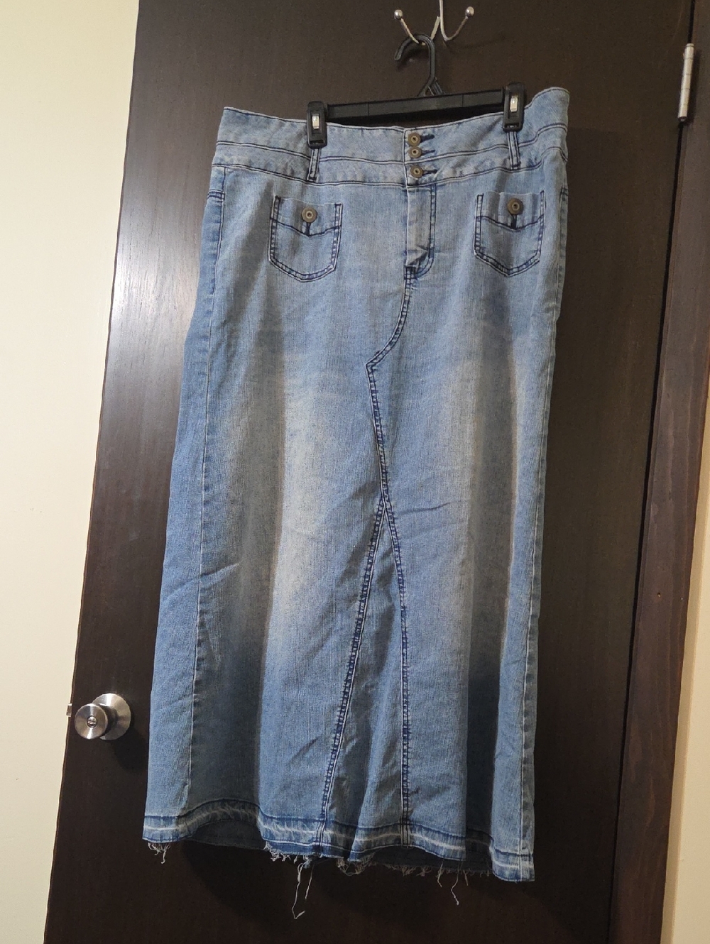 long  blue denim distressed skirt and bottom hem distressed
